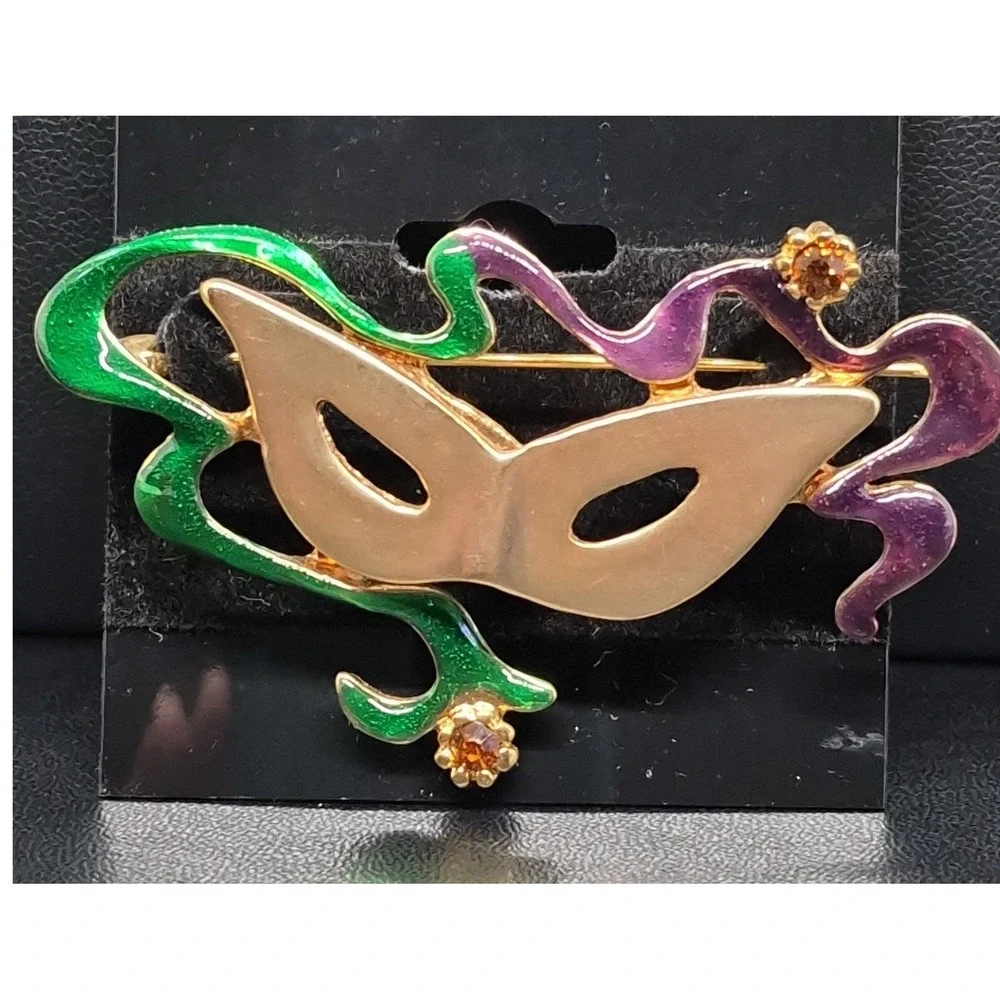 Masquerade Mask Brooch Comedy Tragedy Enamel Rhinestone Theater